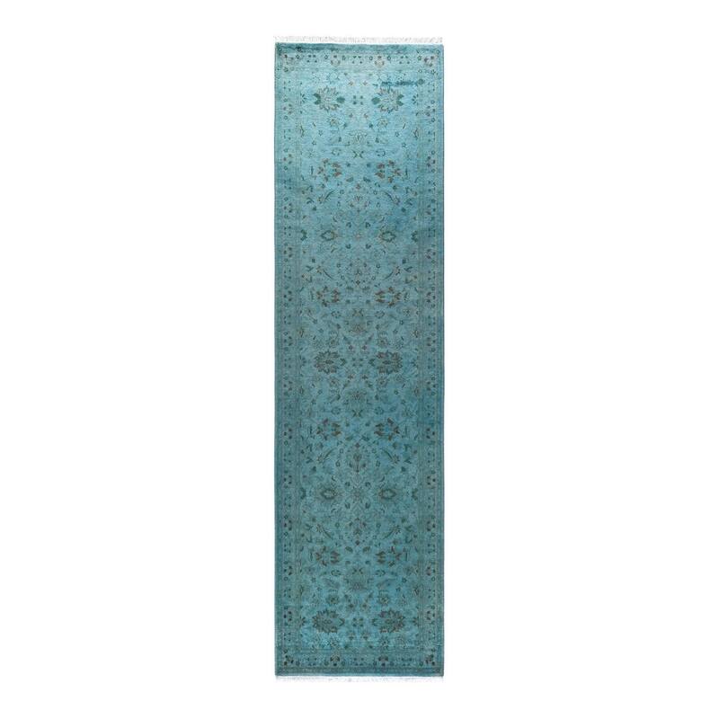 Overton Hand Knotted Wool Vintage Inspired Modern Contemporary Overdyed Blue Runner Rug - 2' 8" x 10' 3"