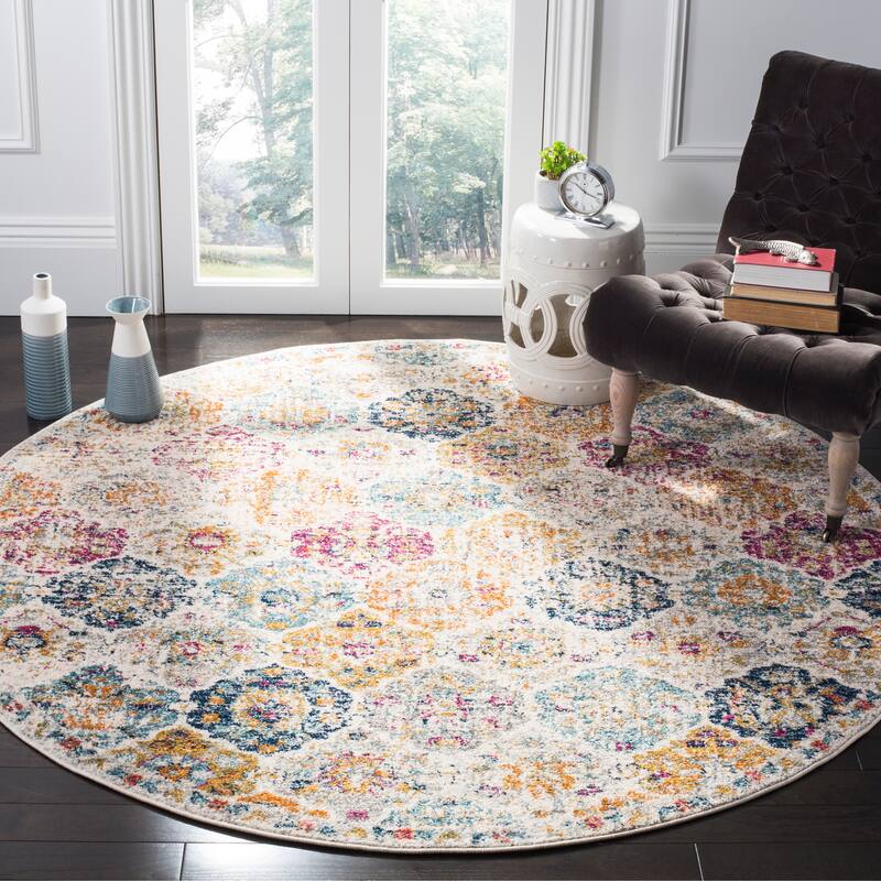 SAFAVIEH Madison Avery Boho Chic Distressed Area Rug - 6'7"x6'7"Round - Cream/Multi