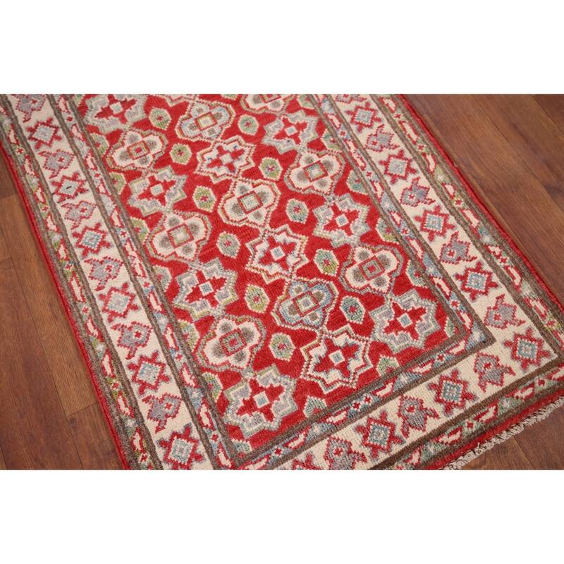 Geometric Kazak Foyer Rug Handmade Oriental Red Wool Carpet - 2'0" x 3'0"