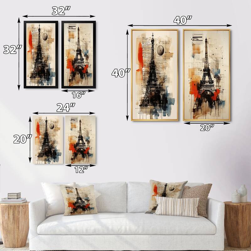 Designart "Paris Eiffel Tower Retro Illustration I" City Paris Wall Art Set of 2 - Traditional Wall Art For Bedroom