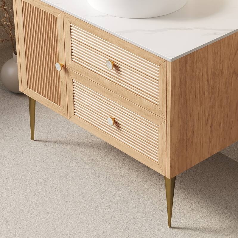 36" Freestanding Bathroom Cabinet with Carrara White Sintered Stone Counter Top, Two Drawers and One Door, NO Basin