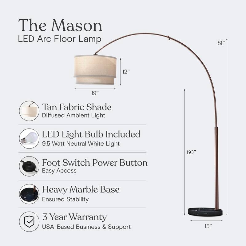 Brightech Mason 81 in. Oil Brushed Bronze Modern Adjustable and Extendable LED Floor Lamp with Beige Fabric Drum Shade