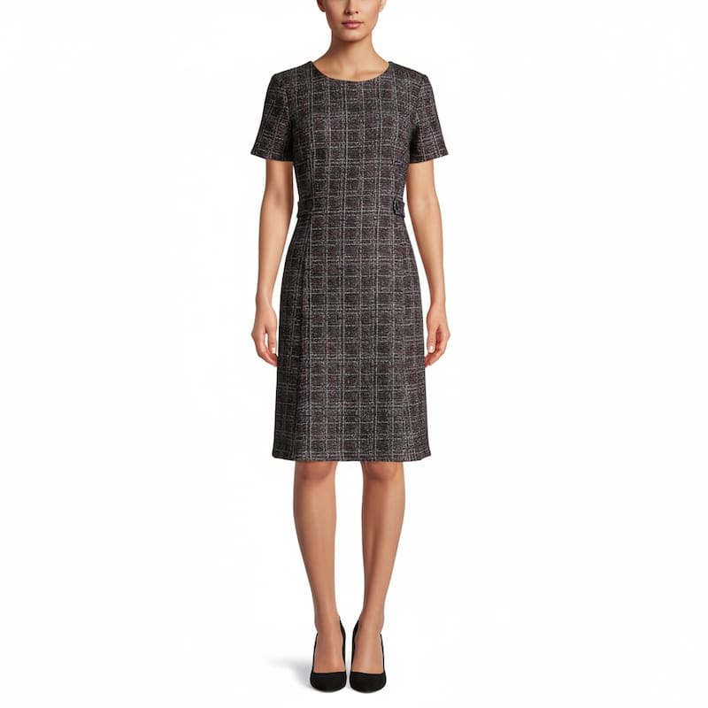 Connected Apparel Plaid Boucle A-Line Dress