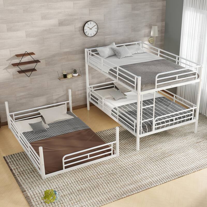 Full over Full over Full Bunk Bed, Metal Triple Bunk Bed with Safety Guardrails, Heavy-duty Bunk Bed with Noise-reduced Design