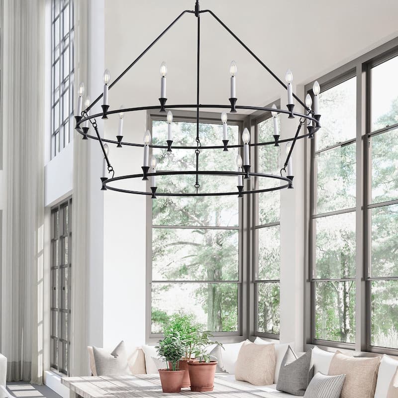 18-Lights Black Wagon Wheel Candle Chandelier - 49.2"D×5.1"W×130.4"H(Adjustable)