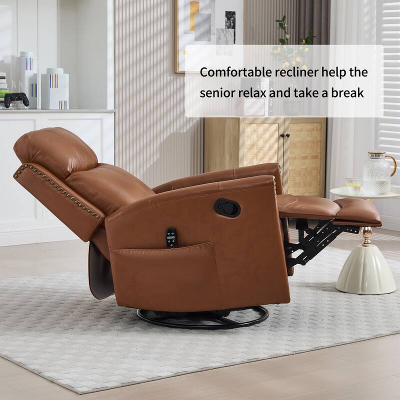 Roomfitters Genuine Leather Swivel Rocker Recliner, Manual Massage Glider with Heat and Top Grain Cowhide, Living Room