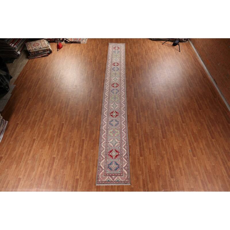 Gray Kazak Oriental Runner Rug Hand-Knotted Hallway Wool Carpet - 2'6" x 20'0"