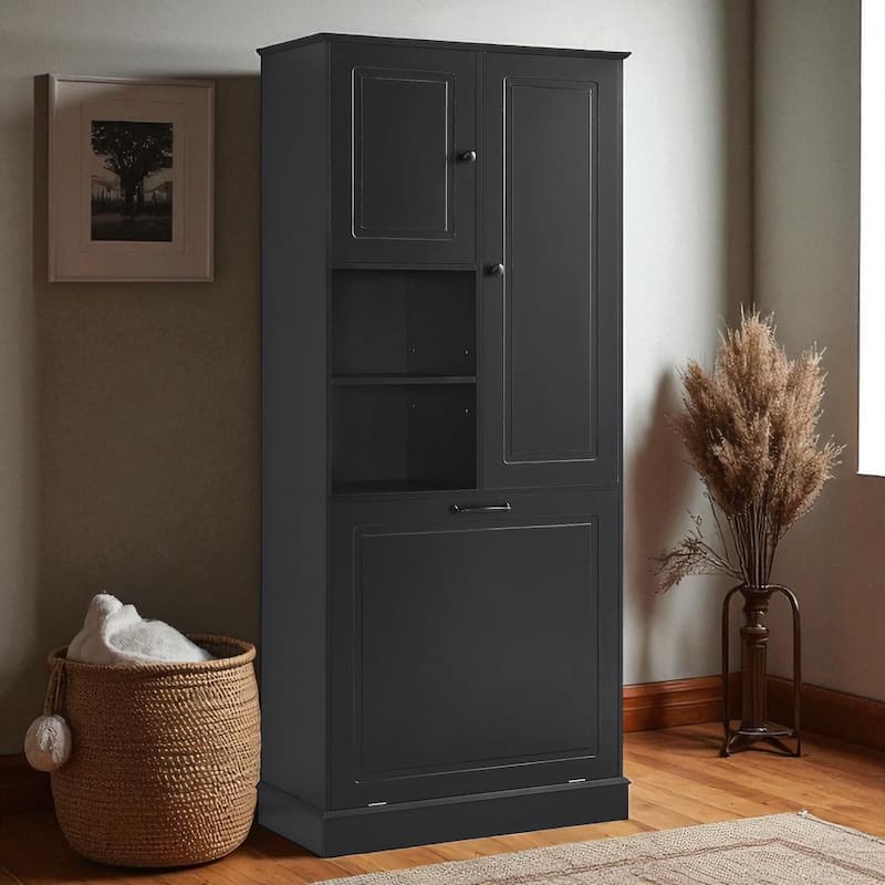 Tall Storage Cabinet with Adjustable Shelves and Flip-Out Basket, MDF Organizer with Enclosed Cabinets & Modern Handles - Black
