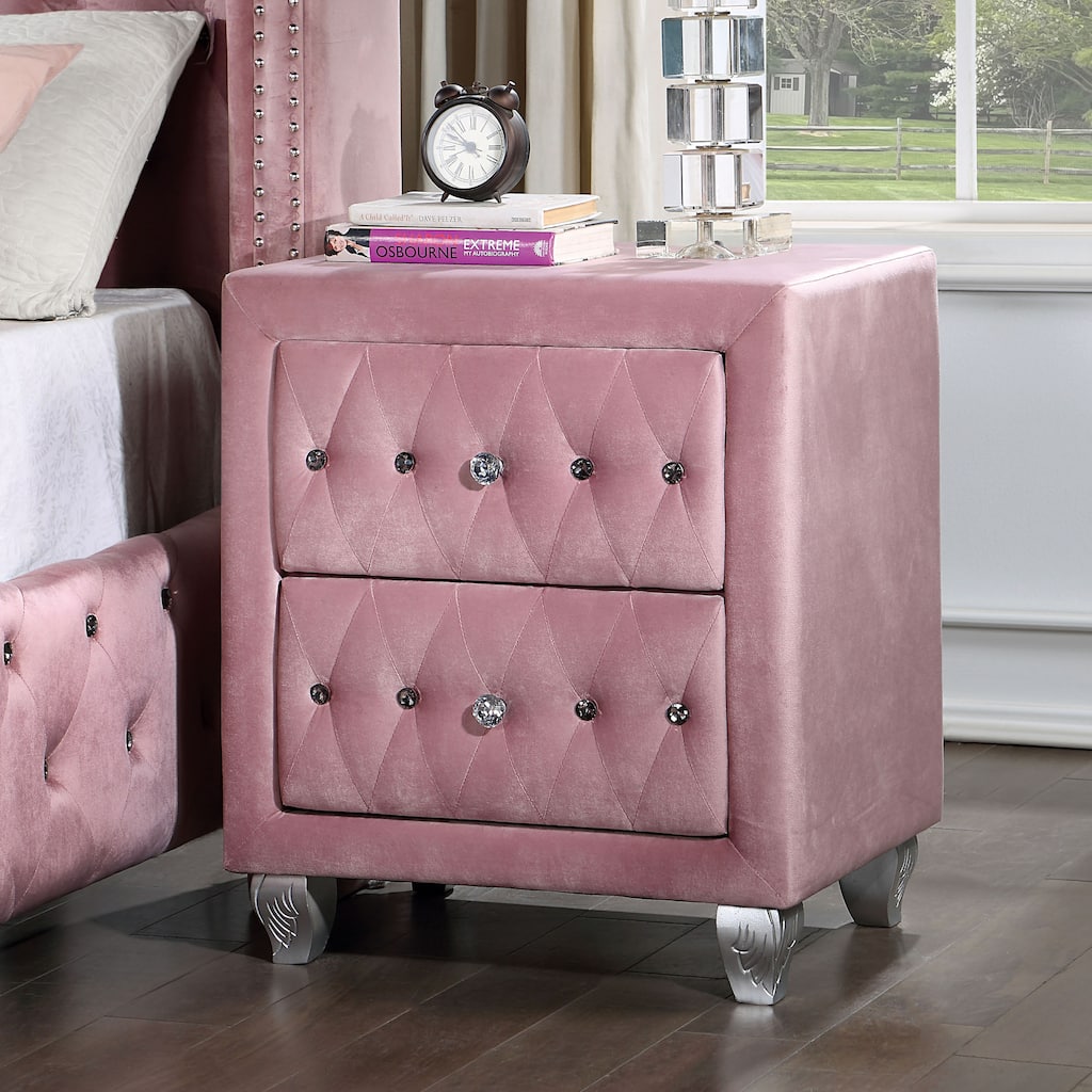 Vyvi Glam Pink Fabric Upholstered 2-Drawer Nightstand by Furniture of America