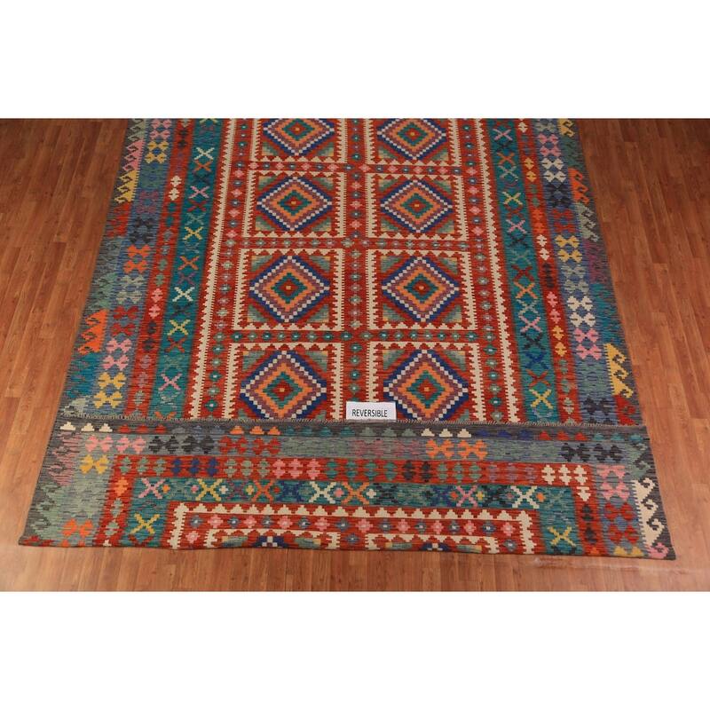 All-Over Geometric Kilim Large Rug Flatweave Oriental Wool Carpet - 9'10"x 16'1"