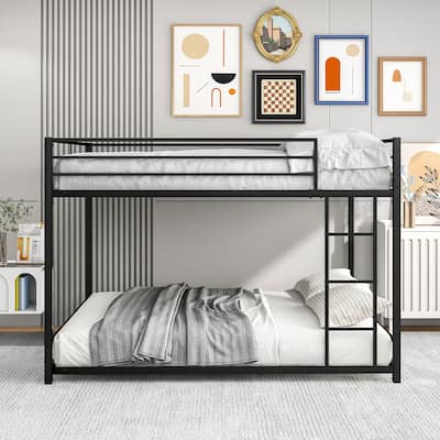 Teens Full Over Full Size Bunk Bed with Guard Rail & Ladder, Heavy Metal Duty Bunk Bed Frame for Bedroom Dormitory