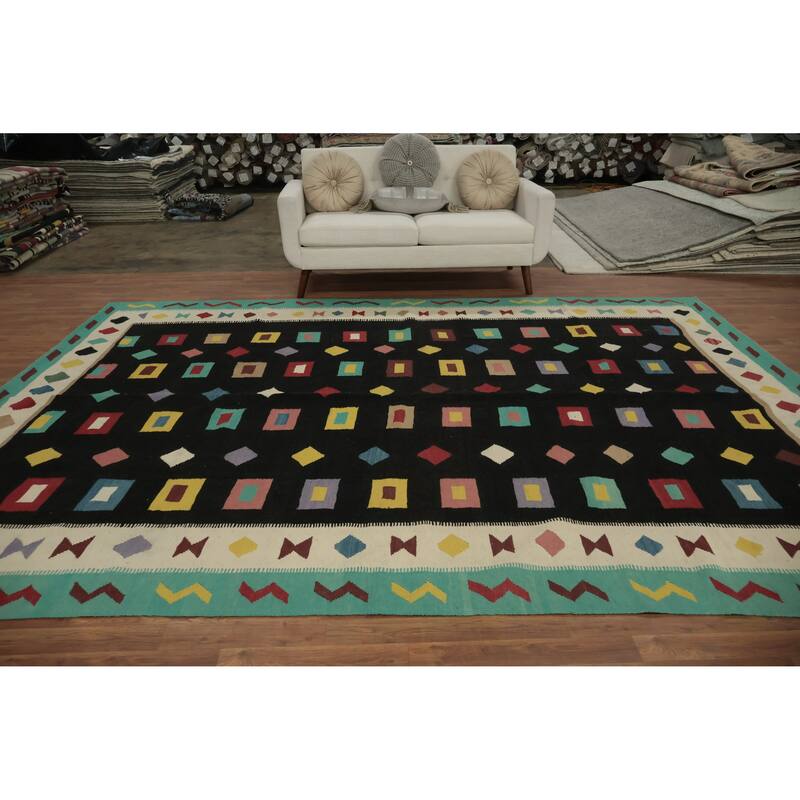 Hand Woven Oriental 100% Wool Carpet Southwestern Tribal Black Kilim Area Rug - 11' 10'' X 8' 11''