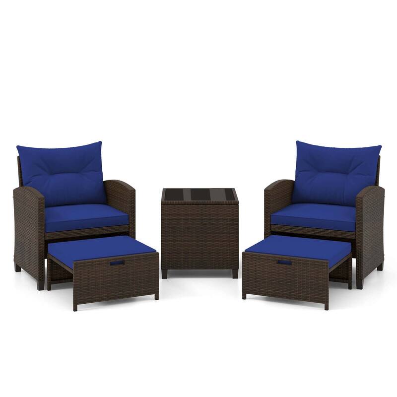 Gymax 5 CS Rattan Furniture w/ & Tempered Glass & 2 Ottomans Coffee