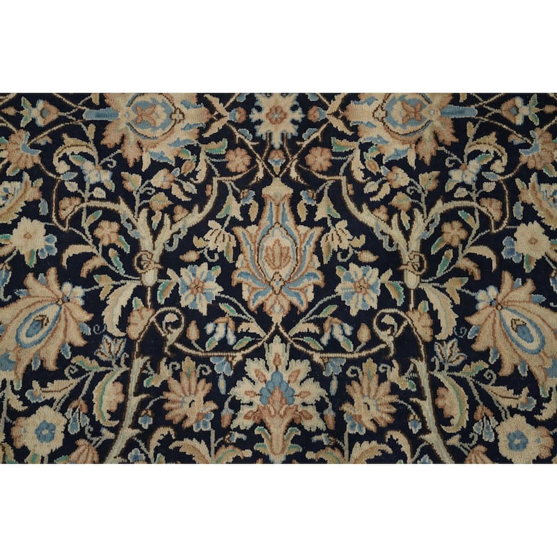 Hand Knotted Oriental 100% Wool Carpet Traditional All-Over Navy Blue & Blues Kerman Area Rug - 13' 0'' X 9' 7''