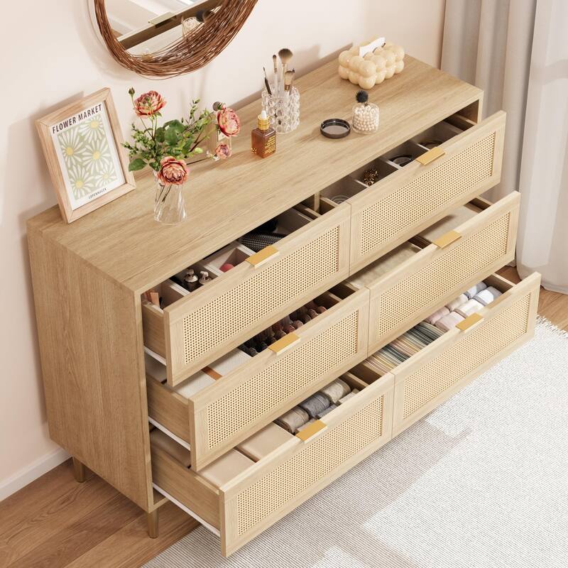 6 Drawer Rattan Dresser for Bedroom, Wide Double Dresser Chest of Drawers