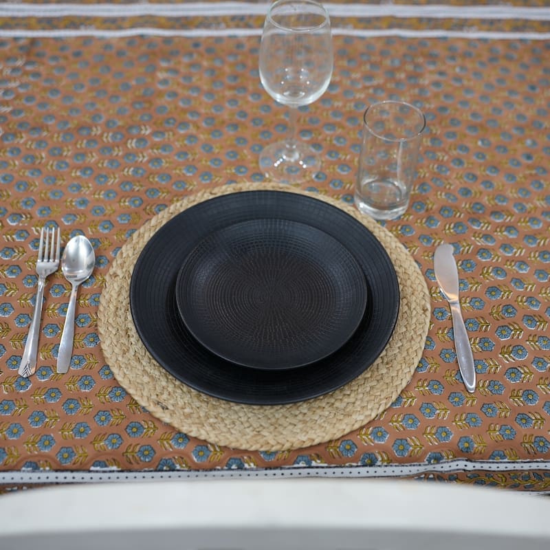 Fabdivine Handmade Block Print Cotton Brown Table Cover or Cloth Dining, Farmhouse & Kitchen Décor