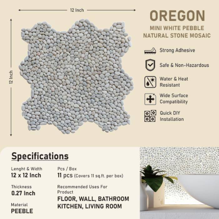 White Mini Pebble Mosaic Tumbled Stone Backsplash Tiles for Kitchen Walls, Shower Bathroom Floors 12" X 12" (11 Sqft per case)