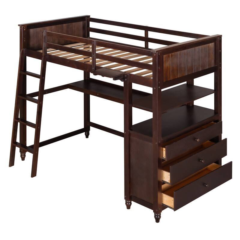 Space-Saving Twin Size Loft Bed with Built-In Desk, Storage Drawers, and Shelves - Ideal for Kids, Durable Pine Wood Frame