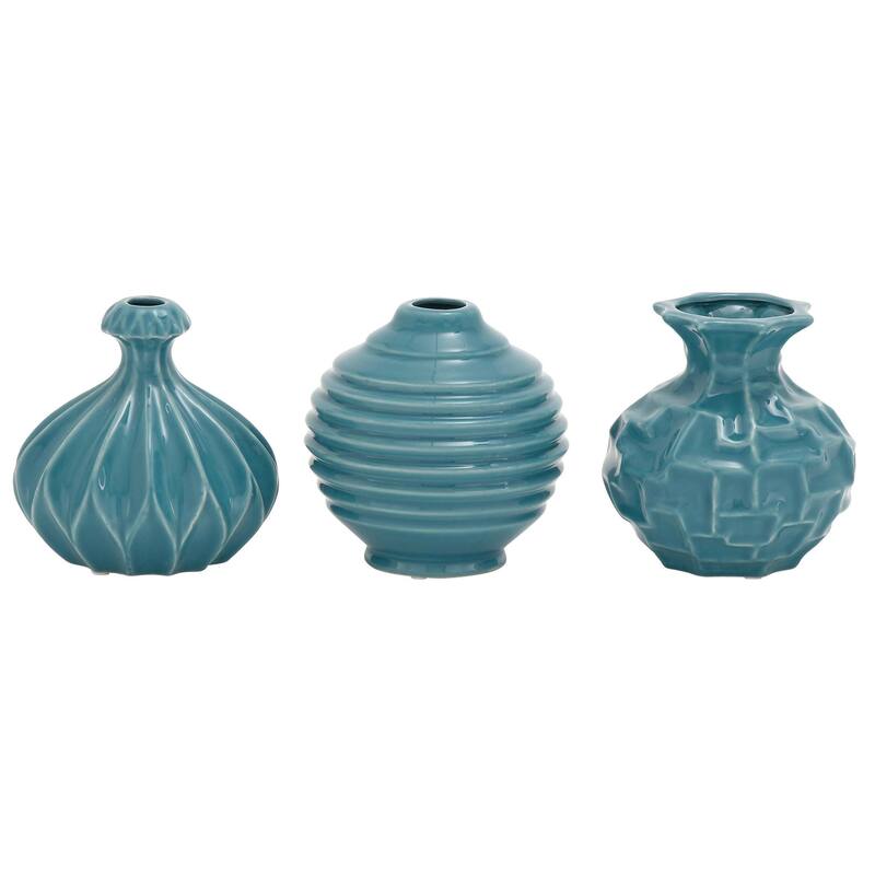 Ceramic Decorative Vase with Varying Patterns - Set of 3 Gold, Blue, White, Cream - Roche River Decor - Blue