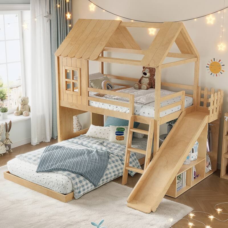 Twin over Full House Bunk Bed with Ladders and Slides, House Floor Bunk Bed with Storage Shelves and Wardrobe