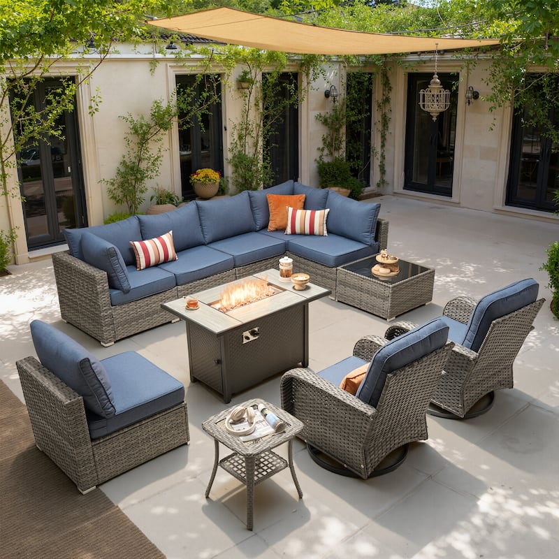 HOOOWOOO 11-piece Wicker Furniture Set Outdoor Sectional Sofa with Fire Pit - Denim Blue