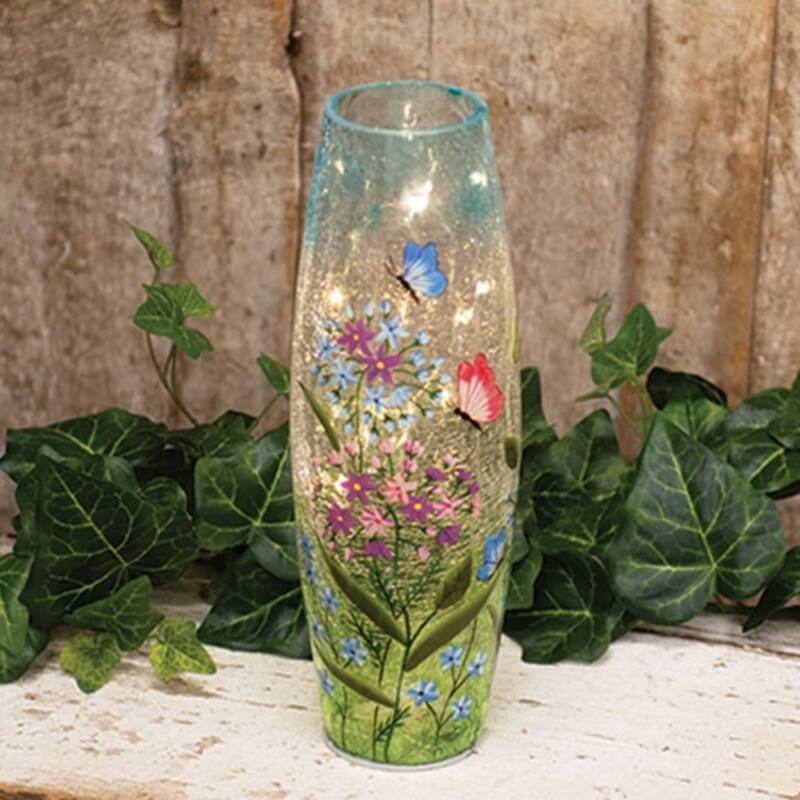 Butterfly Crackled Glass Light Up Vase with LED Lights