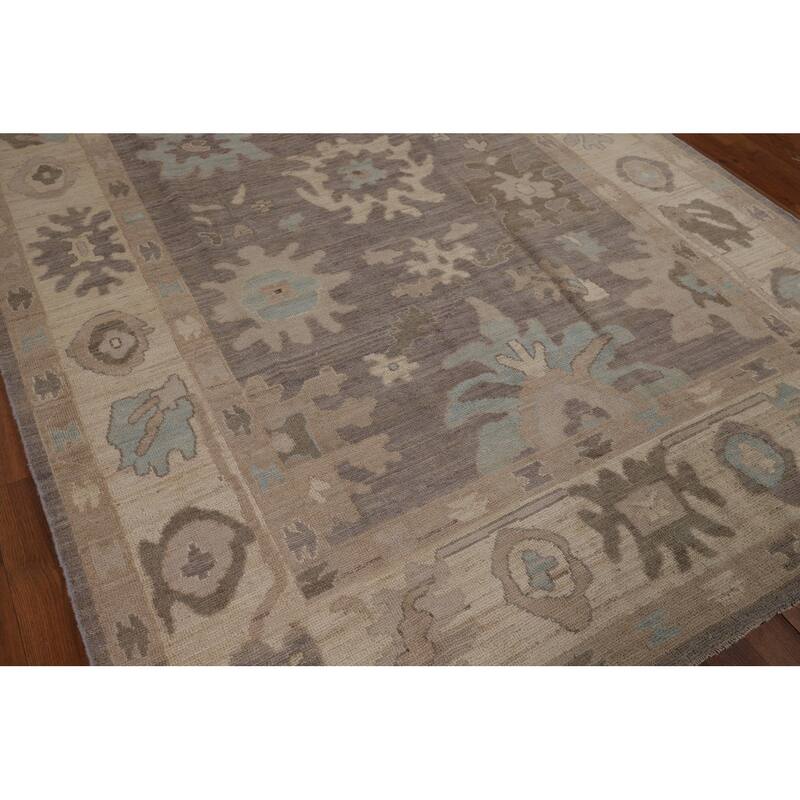 Oushak Turkish Area Rug Hand-Knotted Transitional Beige Wool Carpet - 6'2"x 8'11"