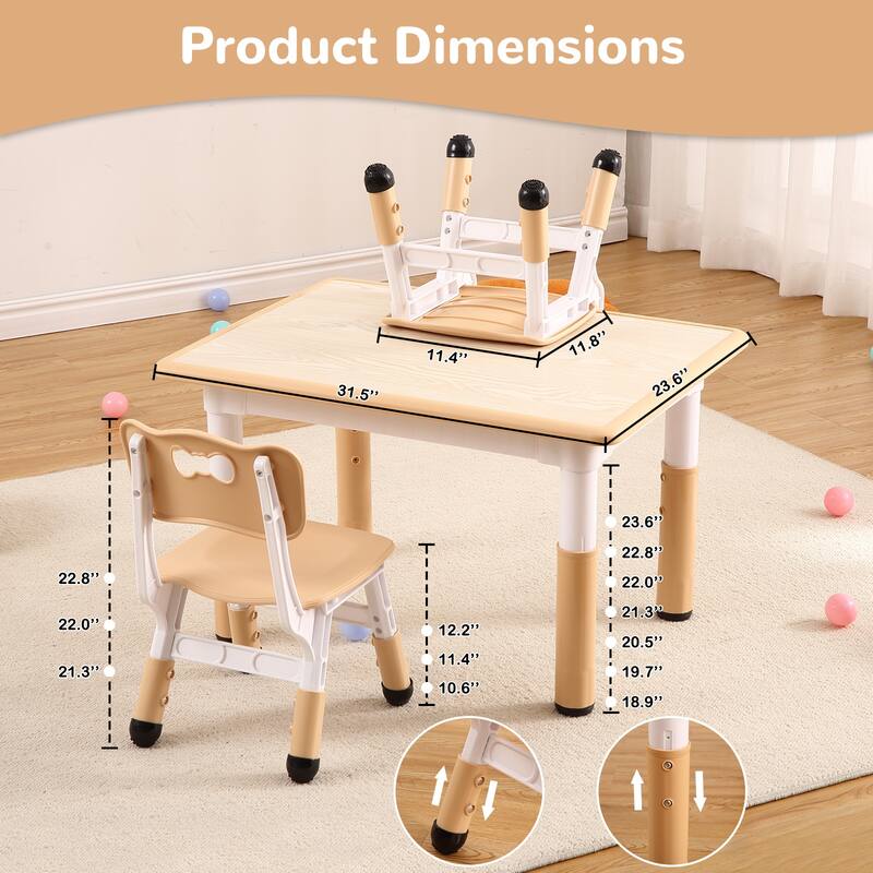 Kids Table and Chairs Set, Height Adjustable Desk With 4 Seats