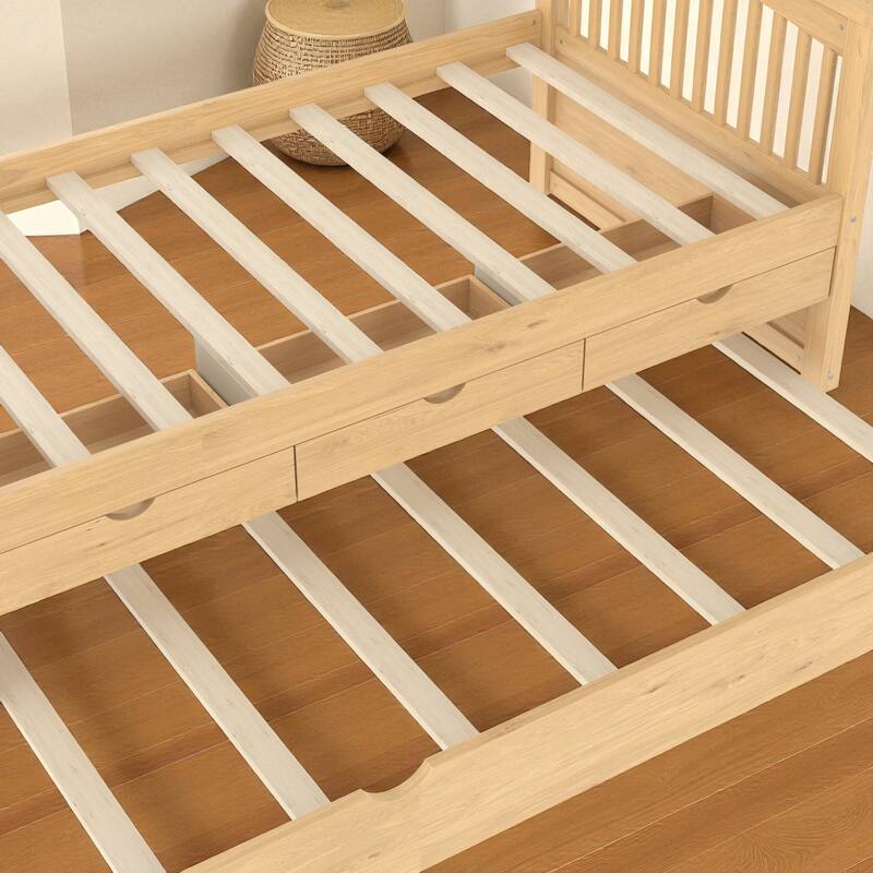 Twin Solid Wood Platform Bed with Drawers and Trundle, Space-Saving Daybed Frame with Storage, No Box Spring Needed