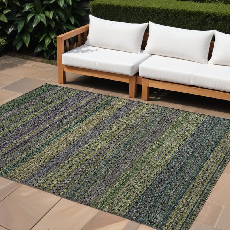 Jaso Stripe Weather Resistant Blended Style Outdoor Rug - 10' X 14' - Green