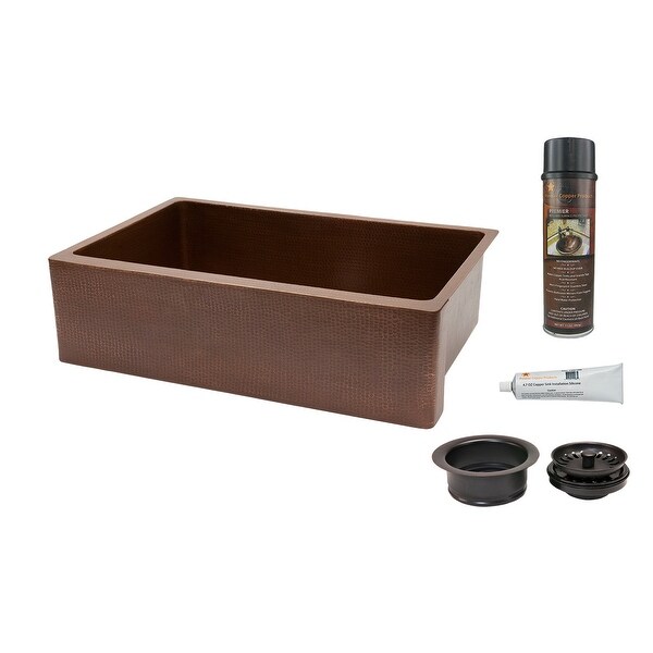 Premier Copper Products KSP3_KASB33229 33" Single Basin Farmhouse 14-Gauge Copper Kitchen Sink with Matching Drain and