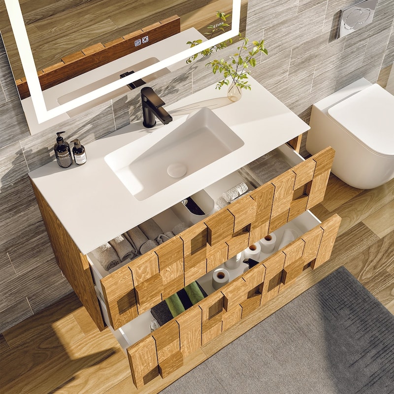 Mosaic 33"W Natural Oak Wall Mount Bath Vanity with Solid Surface Top