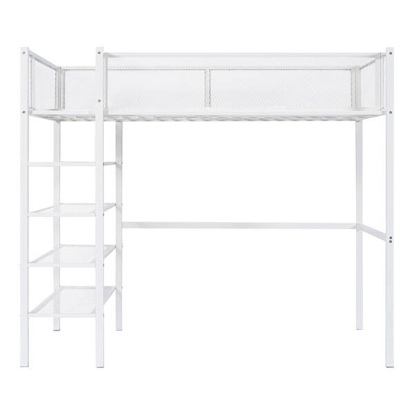 slide 2 of 11, Twin Size Loft Bed with 4-Tier Shelves and Storage, Metal Loft Bed Frame with Storage Shelf and Ladder for Kids Teens,White White - Twin
