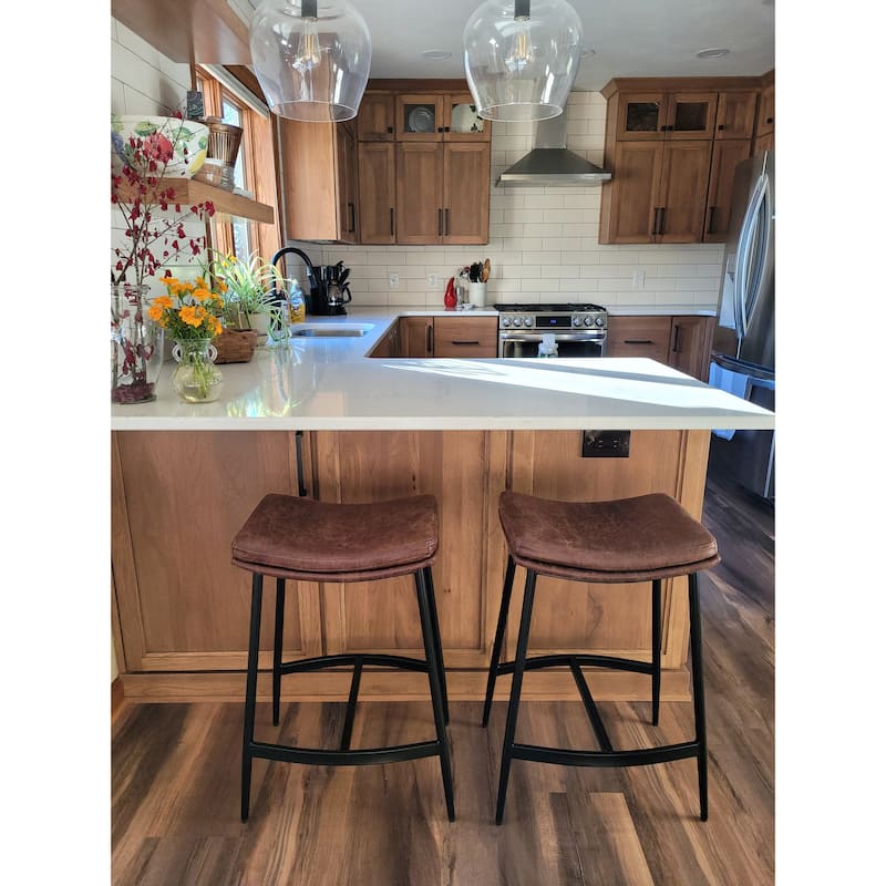 Nathan James Arlo Modern Backless Upholstered Kitchen Counter Bar Stool with Saddle Seat and Metal Base