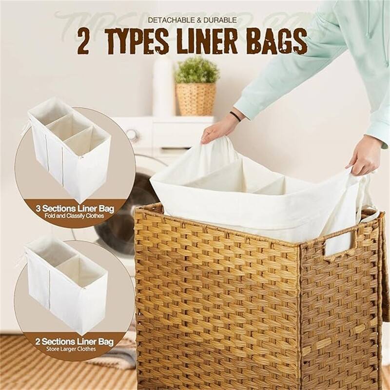 Laundry Hamper with Lid, 125L Large Clothes Hamper with 3-Section and 2-Section - 25.6"L x 13"W x 23.6"H