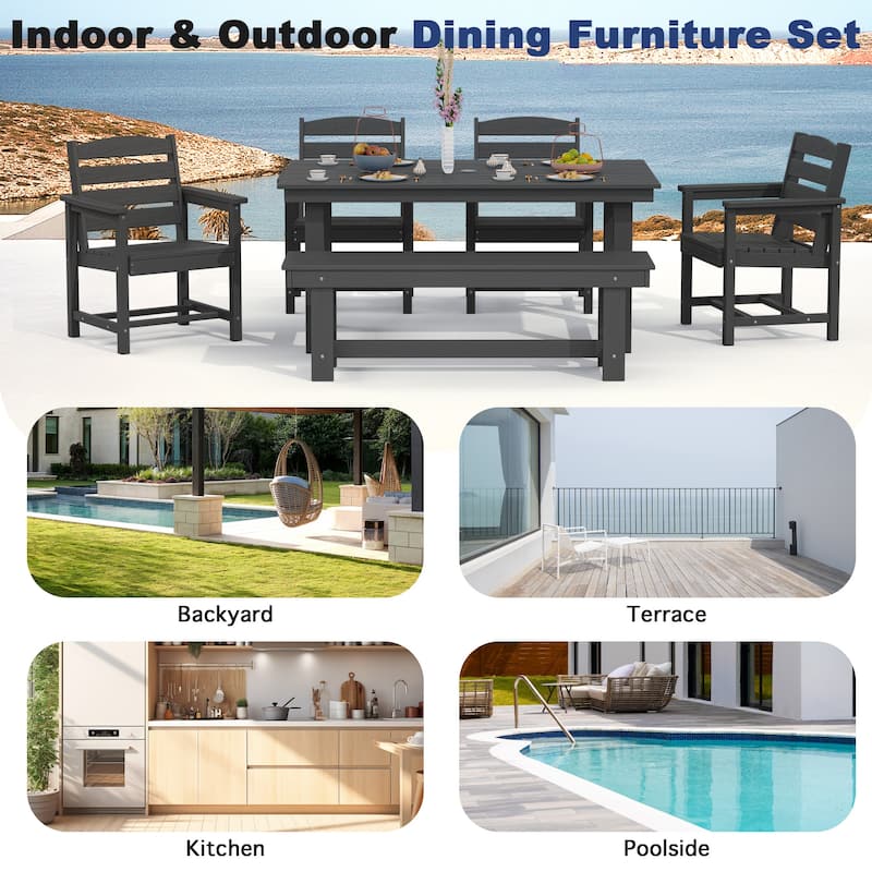 6-Piece HDPE Outdoor Dining Table Sets with Umbrella Hole - 1-Table 4-Chairs-1-Bench