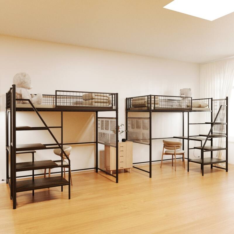 70'' Twin Metal Loft Bed with Built-in LED Lights and Charging Station
