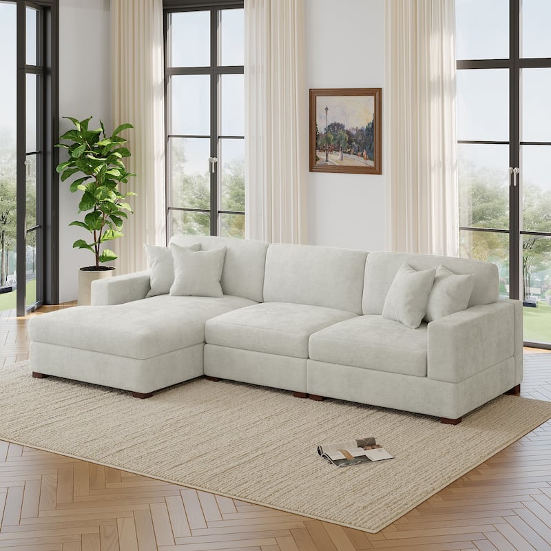 Oversized Modern Chenille Modular Sectional Sofa with Chaise - Left Facing - Off White-3 Piece