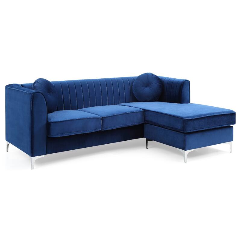 Channel Tufted Velvet L Shape Sectional Sofa with Throw Pillows - 87" - Blue