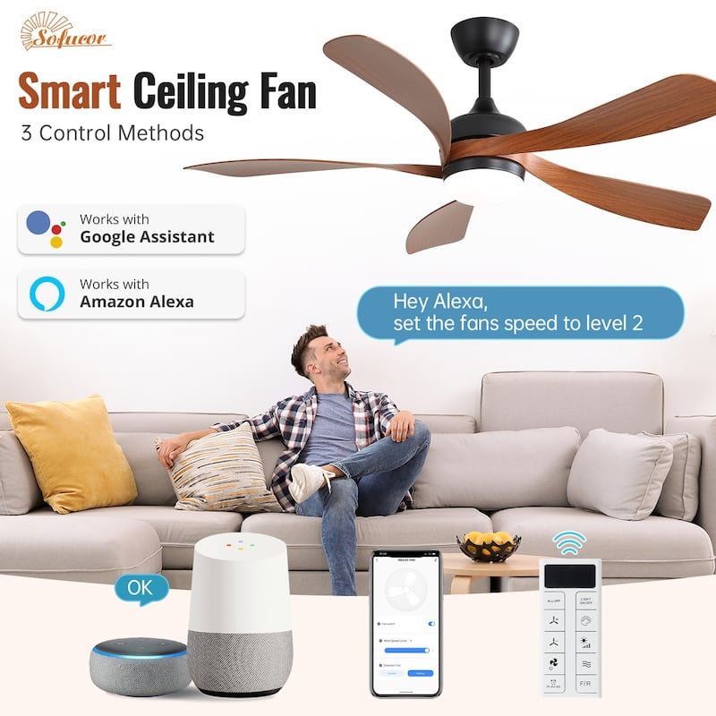 Sofucor 52"Smart,Ceiling Fans with Lights and Remote, Compatible with Alexa/Google/App, 3-Color Light 6-Speed Timing