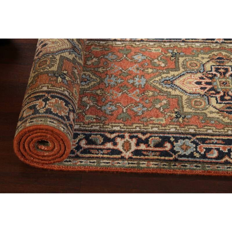 Hand Knotted Oriental 100% Wool Carpet Traditional Geometric Oranges & Rust Indo Heriz Serapi Runner Rug - 11' 11'' X 2' 7''