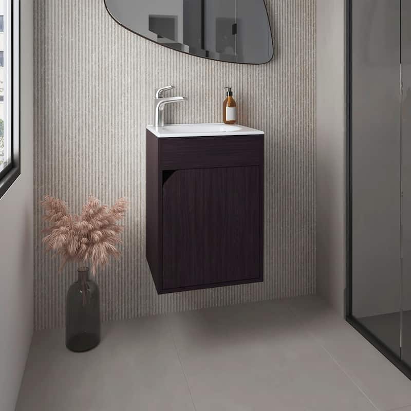Floating Wide One-Door Vanity With Resin Sink And Two Shelves, Bathroom Storage - Black