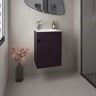 Floating Wide One-Door Vanity With Resin Sink And Two Shelves, Bathroom Storage