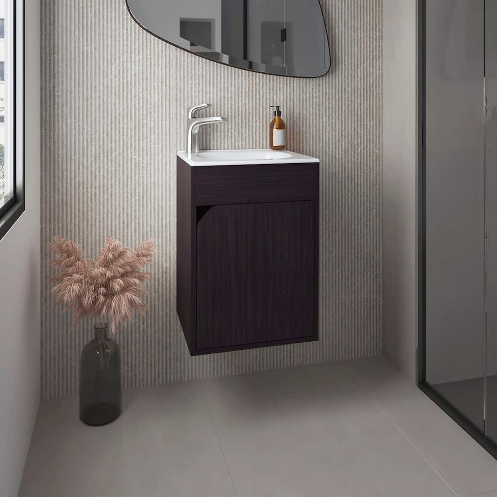 Floating Wide One-Door Vanity With Resin Sink And Two Shelves, Bathroom Storage