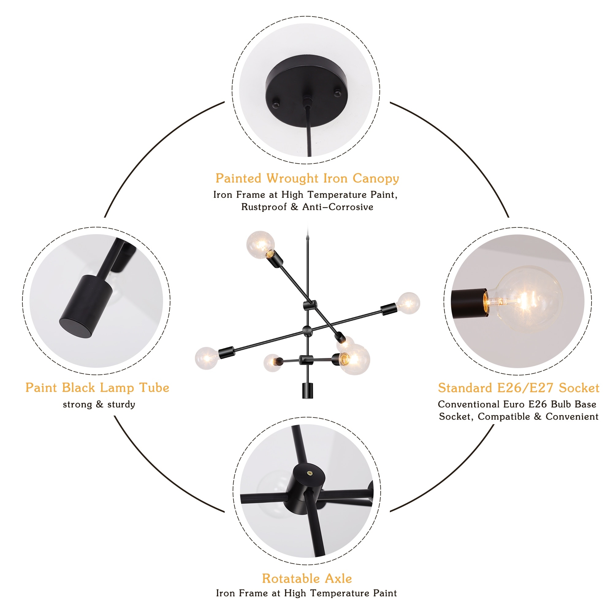 YANSUN 6-Light Black Metal Rotatable Arms Pendant Light