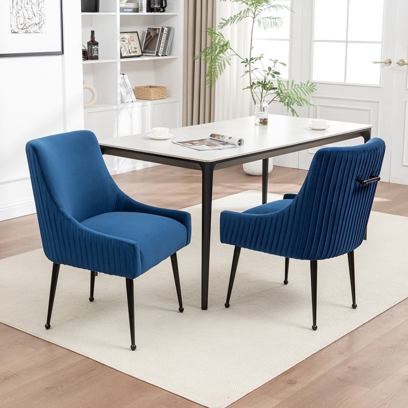 SEYNAR Modern Glam Velvet Black Metal Legs Dining Chair or Vanity Chair Set of 2 with Rear Handle - Navy