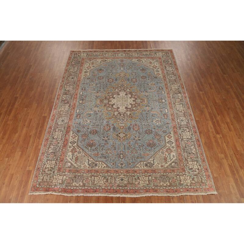 Geometric Blue Tabriz Persian Rug Hand-Knotted Traditional Wool Carpet - 8'3"x 11'2"