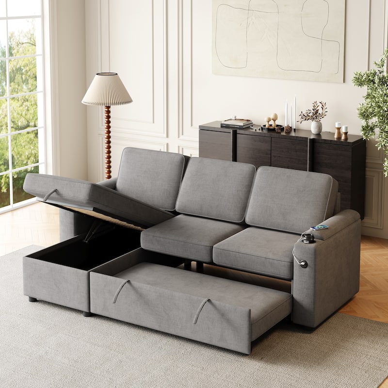 85.8" Sleeper Sectional Sofa with Storage Chaise, Armrest, Charging Port