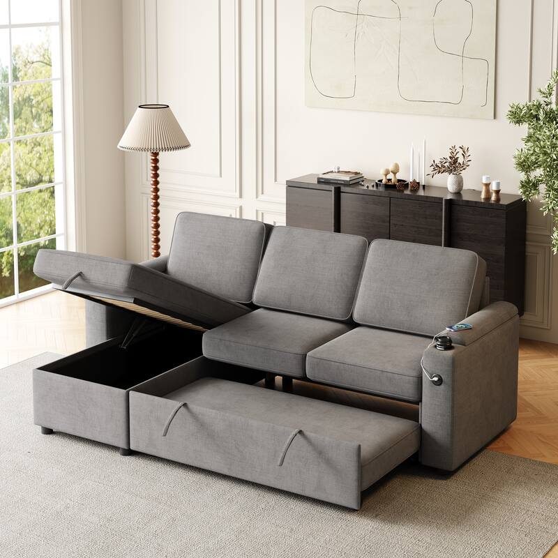 Sleeper Sofa with Storage, Cup Holder and USB Charging Port,Couch with Pull Out Bed, Daybed for Living Room Bedroom