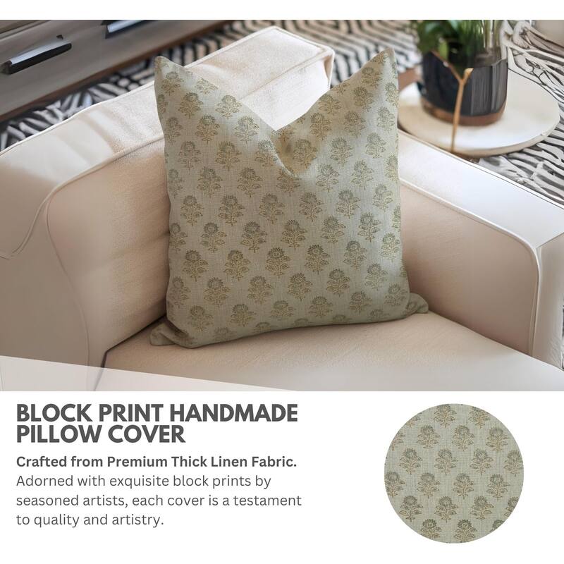 Fabdivine Blue Thick Linen Hand Block Farmhouse Decorative Pillow Cover